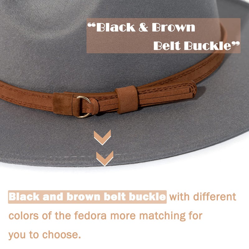 Lisianthus Men & Women Vintage Wide Brim Fedora Hat with Belt Buckle A-Light Grey 56-58cm - Image 3
